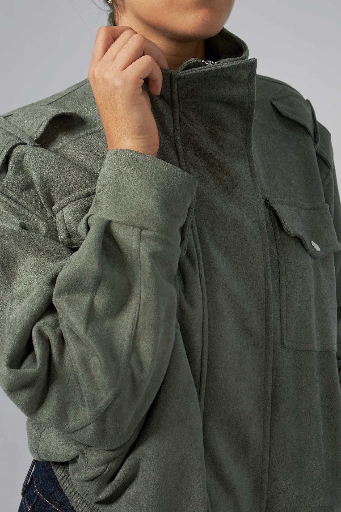Olive Suede Bomber Jacket
