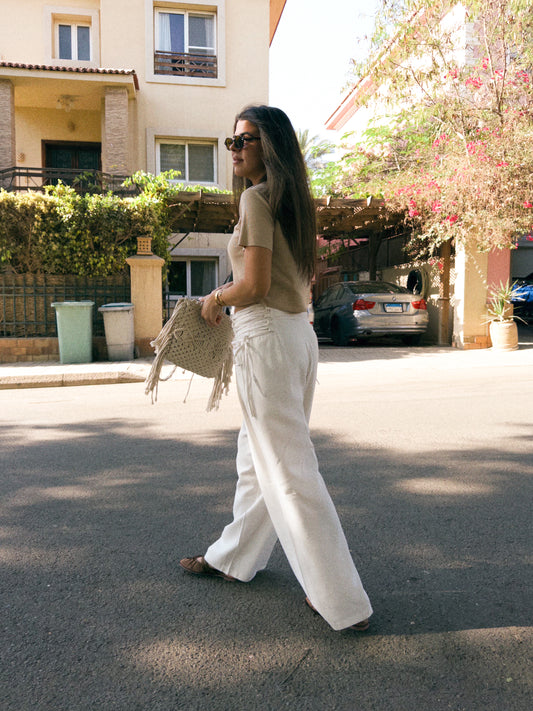 Crosswaist White Linen Pants