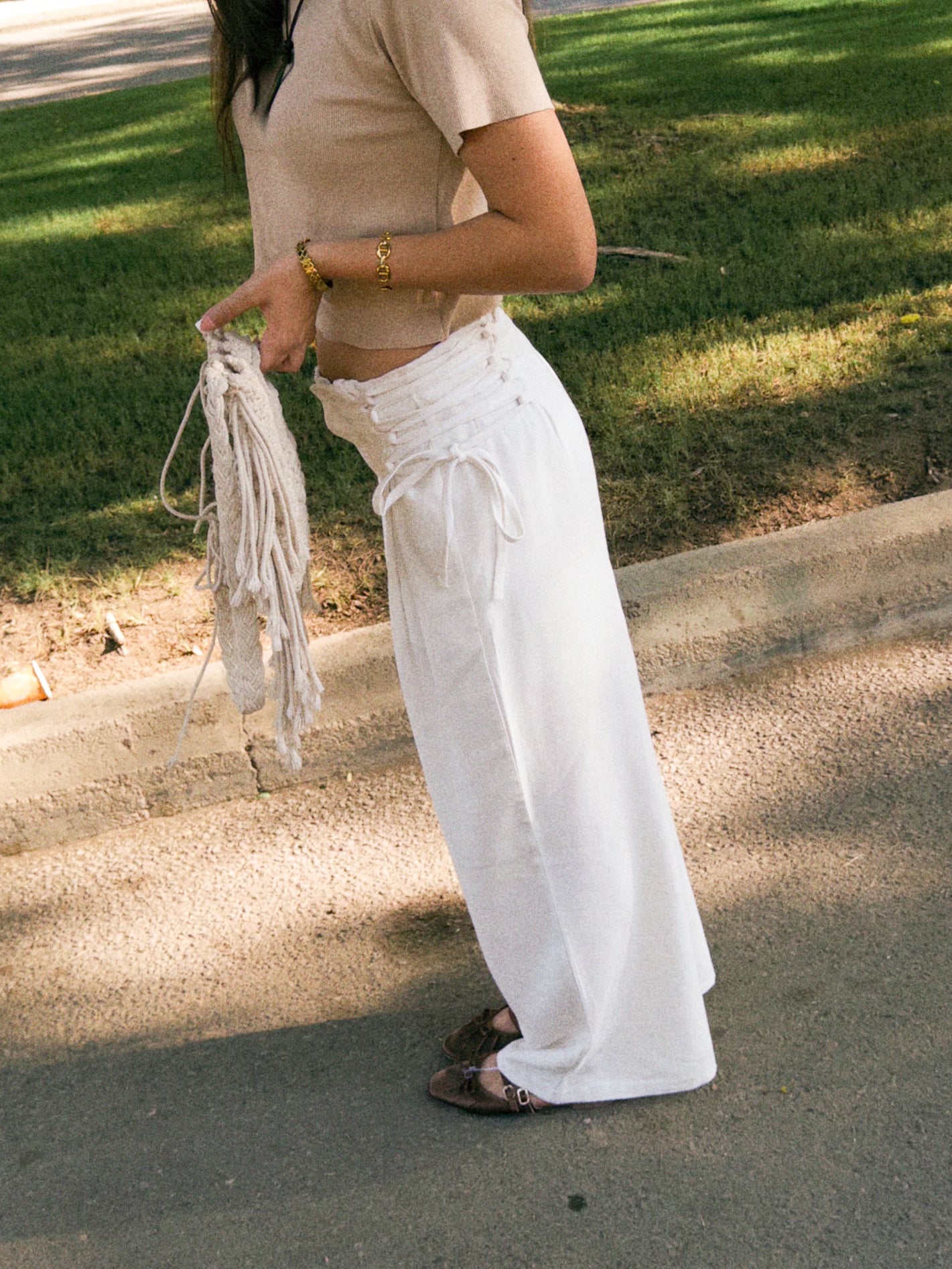 Crosswaist White Linen Pants