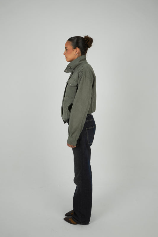 Olive Suede Bomber Jacket