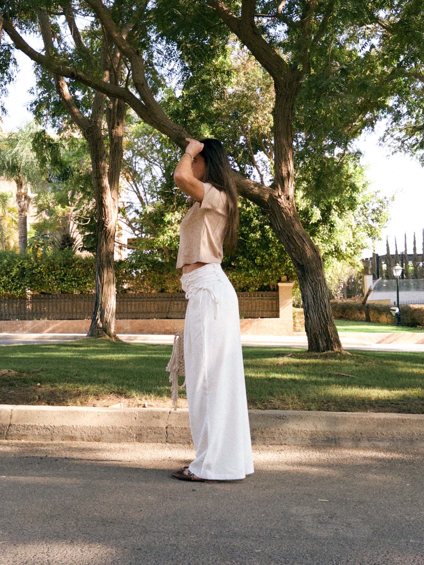 Crosswaist White Linen Pants